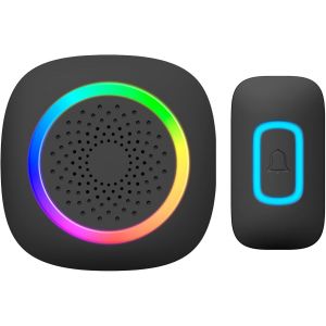 HUEJ-Sonnette Sans Fil Avec Syst&egrave;me D'Apprentissage Carillon Sans Fil &Agrave; 60 Sons Port&eacute;e 300 M Sonnette Sans Fil Exterieur Noir Sonnette Maison Led Rgb (Alimentation Secteur) - Neuf