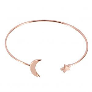 Bracelet Ouvert Pour Femme En Plaque Cuivre Avec Decoration Lune Et Etoile (Or Rose) - Neuf