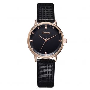 Montre-Bracelet Analogique A Quartz Pour Femme, Simple Et Tendance, Avec Cadran Rond Et Bracelet En Cuir Pu (Noir) - Neuf
