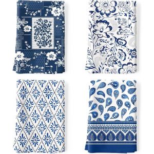 Eryi-Torchons De Cuisine Coton Vaisselle Lot De 4, Serviettes De Cuisine Torchon Vaisselle 100% Coton Avec Accroche Très Absorbant Serviettes De Bar 50 X 70cm Motif Rétro Bleu - Neuf