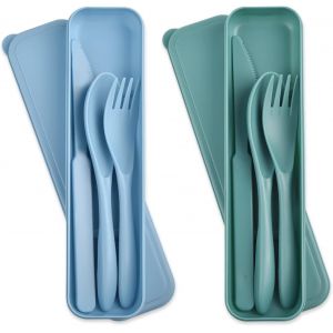 Kalanka-Set De Couverts De Voyage Avec Étui, 2 Sets De Couverts En Plastique Réutilisables, Set De Couteaux, Fourchettes Et Cuillères, Set De Couverts Portables Pour Le Voyage (Vert Foncé + Bleu) - Neuf