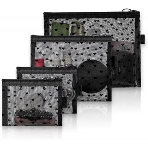 Trousse De Maquillage En Maille Imprim&eacute;e De Coeur, Petite Trousse De Maquillage Portable En Maille Avec Imprim&eacute; Coeur, Trousse De Toilette Pour Un Usage Quotidien Ou De Voyage (Noir), Noir - Neuf