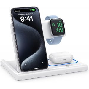 JGD-Chargeur Induction Pliable, 3 in 1 Chargeur sans Fil Compatible avec iPhone 13 12 11 Pro Max/XR/XS Max/X/8 Plus, Rapide QI Station de Charge Compatible avec Apple Watch S&eacute;ries Blanc - Neuf