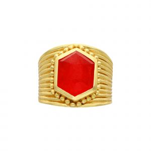 Bague Argent Dor&eacute; Antique Pierre Naturelle Jade Rouge - Neuf
