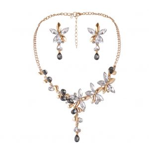 Ensemble De Bijoux Fantaisie Pour Femme, Collier Et Boucles D'oreilles En Forme De Feuille Et De Fleur, Avec Strass (Gris) - Neuf