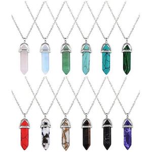 Kales-Pendentifs Point De Quartz,Pendentif Pierre Naturelle 12 Pi&egrave;ces Collier Hexagonal Colliers &Agrave; Pierres Pr&eacute;cieuses &Agrave; Quartz &Agrave; Quartz Point&eacute; Avec Sac &Agrave; Rangement,12 Couleurs - Neuf