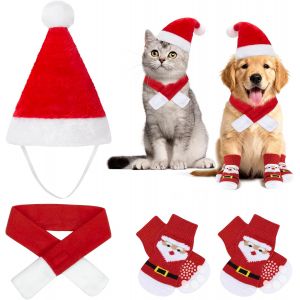 Jgd-3 Pi&egrave;ces Costumes De No&euml;l Pour Petit Chien Et Chat Avec Bonnet De P&egrave;re No&euml;l &Eacute;charpe Rouge Chaussettes Deguisement Chien Chat Noel - Neuf