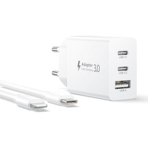 Chargeur 30W avec C&acirc;ble Lightning 2M, 3 Ports Chargeur Multiple Prise USB C Charge Rapide Adaptateur Secteur USB C Charger pour iPhone 14/14 Pro/13/13 Pro Max/12/12 Mini/11/X/XS Max/XR/SE/8 Plus/iPad - Neuf