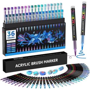 Mevronisshop-Feutre Acrylique 36 Couleurs 36 Pi&egrave;ces, Marqueur Peinture Acrylique Pinceau Pour Papier, Verre, Galet, M&eacute;tal, Plastique, Bois, Oeuf, C&eacute;ramique, Textile - Bleu - Neuf