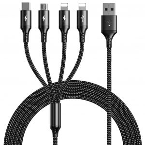Meimie-Câblemulti Usb,[4a/3m]4 En 1 Universelmulti Chargeur Câble De Chargement Avec 2*Ip/Micro Usb/Type C Connecteur Pour Phone 15/14/13/12/11/X/8/Samsung/Lg/Huawei/Nokia/Oneplus/Xiaomi.(Noir) - Neuf