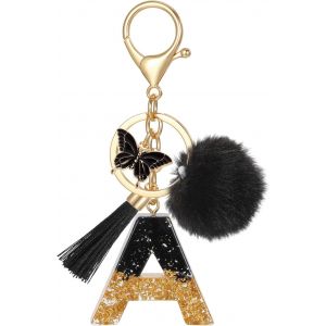Pata-Porte Clé Lettre Avec Initiale, Porte Clef Alphabet Avec Pendentif Pompon Tassel Papillon Pour Femmes Filles, Charme De Porte Clés En Résine Noir Pour Clé De Voiture Sac À Main Décor - Neuf