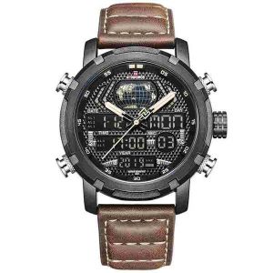 Montre De Sport En Cuir Pour Homme ¿ Quartz Numérique, Étanche, Style Militaire, Double Affichage, Boîtier En Acier Inoxydable - Neuf