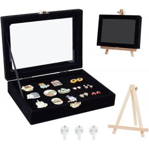 Présentoir À Épingles, Boîtes De Présentation De Bijoux Noires Avec Fenêtre Et Chevalet En Bois Mallette De Rangement De Bijoux Pour Épingles Médailles Insignes De Bijoux, 20.1X16X4.9Cm - Neuf