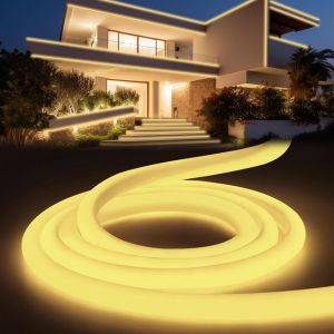 CUIV-Led Neon Blanc Chaud 2M,Flexible Ruban Led Exterieur Etanche Ip65,Tube Rond Découpable Lumiere Bande 220V Led Strip Light Pour Maison Jardin Fête Chambre Deco,Comprend Une Alimentation - Neuf
