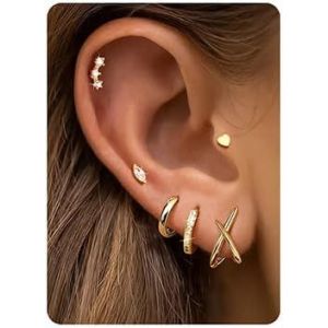 Kal-Lot De 6 Paires De Boucles D'oreilles Pour Femme - Mini Crèmes Huggie Plaqué Or 14k Hypoallergéniques, Clous Pour Piercings Multiples (Or/Argent) - Neuf