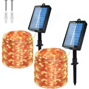 Lot de 2 guirlandes lumineuses solaires d'extérieur - 20 m - 200 LED - Fil de cuivre - 8 modes + IP65 - Résistant aux intempéries - Pour jardin, balcon - Blanc chaud - Neuf