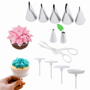 Ensemble D'outils De Decoration De Gateaux, 7 Pieces En Acier Inoxydable : Douilles A Patisserie (Feuille, Tulipe, Rose), 4 Clous A Fleurs Et 1 Leve-Fleurs Pour Gateaux, Fondant Et Cupcakes. - Neuf