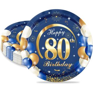 Kalanka-16 Pièces Assiette Pour Fête Anniversaire 80 Ans,7 Pouces/18cm Bleu Or Papier Assiette Dessert Plateau Vaisselle Pour Décoration Anniversaire 80 Ans Homme Femme - Neuf