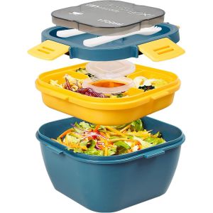 To Go Bo&icirc;te &Agrave; Lunch Avec Bol &Agrave; Salade De 2 L, Plateau &Agrave; 5 Compartiments Et R&eacute;cipient &Agrave; Vinaigrette, Empilable, &Eacute;tanche, Sans Bpa, Passe Au Micro-Ondes Et Au Lave-Vaisselle - Neuf