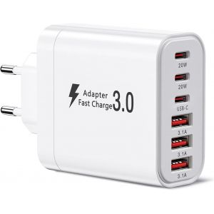 LORANKA-Chargeur USB C, Chargeur multiport avec 3xUSB-C et 3xUSB-A, Chargeur Rapide 52W &agrave; 6 Ports, Adaptateur PD 3.0 USB Power Compatible avec iPhone 16/15/14/13/12/11/iPad/Galaxy S21/S22/S23/S24 - Neuf