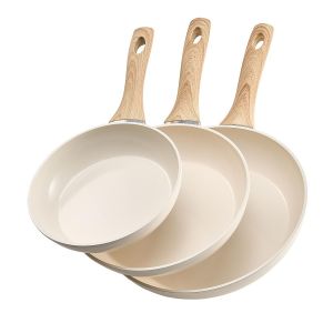 Subzonal-Po&ecirc;le En Aluminium Lot De 3pcs 20/24/28 Cm, Sauteuse En C&eacute;ramique Antiadh&eacute;sive Avec Poign&eacute;e R&eacute;sistante &Agrave; La Chaleur, Ustensiles De Cuisine Restaurant, Pour Gaz, &Eacute;lectrique, Induction, Beige - Neuf