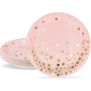 Assiettes de fête, Lot de 24 Assiettes en papier jetables 23cm, Rose avec feuille d`or Vaisselle de fête - Neuf
