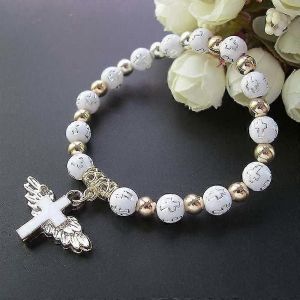 Bracelet Croix Aile D'ange,Bracelet Chapelet Pour Femmes,Bracelet Catholique Stretch Perle Baptême Cadeau-Blanc - Neuf