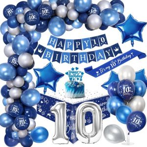 TRAHOO-10 Ans Décoration Anniversaire Garçons Chrome Bleu Argent,Royal Bleu Ballons Arch Kit avec Joyeux Anniversaire Bannière Cake Topper Nappe Birthday Sash Grand Ballon Numéro 10 - Neuf