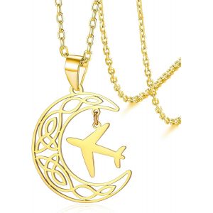 Kal-Collier En Acier Inoxydable Avec Pendentif En Forme D'avion Et Croissant De Lune Celtique - Neuf
