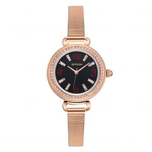 Montre A Quartz Vintage Pour Femme, Affichage Analogique En Strass, Bracelet En Acier, Or Rose Et Noir - Neuf