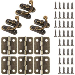 9 Pcs Set Verrou Vintage et Charni&egrave;res Bronze,Fermoirs &agrave; Coffre+Charnieres Vintage Loquet Serrure &agrave; Crochet D&eacute;coratifs avec Vis pour Placard Armoire Meuble Boite de Bijoux - Neuf