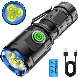 Lampe Torche Led Rechargeable Usb, 1000lm Mini Lampe De Torche Led Ultra Puissante, 5 Modes Lampe De Poche Avec Couvercle Magnétique, 3 Leds Flashlight Ipx4 Étanche Pour Camping, Frontale, Urgence - Neuf