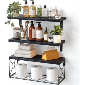 Lot De 3 Étagère Murale Bois Avec Panier De Rangement En Fil Métallique, Étagères De Salle De Bain De Pour Salle De Bain/Cuisine/Salon/Bureau, Lot De 3 + 1 (Rustique) - Neuf