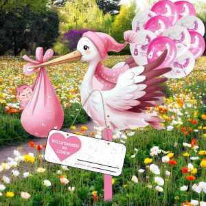 Lot De 10 Ballons Cigogne Pour La Naissance De Bébé - 81 Cm De Haut - 10 Ballons En Bois Mignons - Motif Cigogne - Imprimé Des Deux Côtés - Avec Bâton En Bois + Plaque Nominative - Carte De V?ux - Neuf