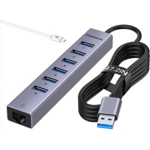 JGD-Hub USB &agrave; 7 ports &iquest; Hub USB Ethernet avec c&acirc;ble de 1,2 m de long pour ordinateur portable, rallonge USB avec port r&eacute;seau Gigabit et port d'alimentation 5 V/3 A, hub USB multiport en aluminium - Neuf
