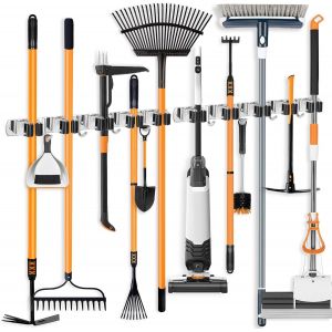 Accroche Balai Mural, Porte Balai Mural Avec 5 Emplacements Et 4 Crochets, Auto Adh&eacute;sif Support Cintre De Rangement En Acier Inoxydable Pour Cuisine Jardin Garage (Vis Et Ruban Adh&eacute;sif Inclus) - Neuf