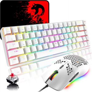 Clavier M&eacute;canique Et Souris Filaire Gamer Rvb, 68 Touches Interrupteur Rouge 60% Mini Keyboard, Mouse Programmable L&eacute;g&egrave;re En Nid D'Abeille 6400Dpi, Compatible Avec Windows Mac Ps4, Blanche - Neuf