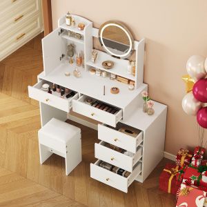 Coiffeuse LED 5 tiroirs + porte, prises int&eacute;gr&eacute;es + tabouret - blanc 90x132x40 cm - Neuf