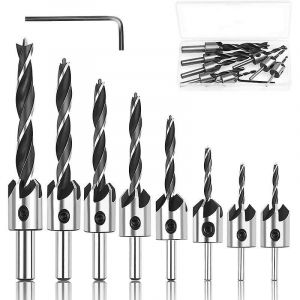 Jeu de 8 forets &agrave; bois en acier HSS avec fraise &agrave; chanfreiner - Neuf