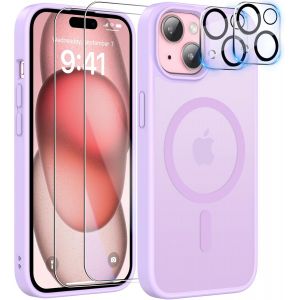 Brs-5 In 1 Coque Pour Iphone 15 Aimantée Avec 2 Verres Trempés Et 2 Caméra Protecteur, Compatible Magsafe Dos Anti Rayures Coque Magnétique Antichoc Tpu Bumper 6,1`` Case (Violet Clair) - Neuf
