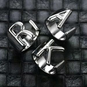 Creux A-Z Initiales Lettre Nom Bague Couleur Argent Acier Inoxydable Réglable Ouvert Alphabet Bague Pour Femmes Hommes Fête Bijoux Cadeau - Neuf