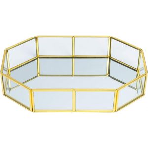 Sjzg-Plateau Miroir Bo&icirc;te &Agrave; Bijoux, 21cm Decoratif Plat &Agrave; Bijoux En Verre En M&eacute;tal Dor&eacute; Vintage Plateau De Rangement Pour Salle De Bain, Maquillage, Chambre, Coiffeuse - Neuf
