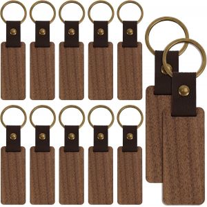 KAL-12Pcs Porte-Cl&eacute;s En Bois Vierges, Porte-Cl&eacute;s En Bois Personnalis&eacute;s, Porte-Cl&eacute;s En Cuir, Porte-Cl&eacute;s Bruts, &Eacute;bauches De Gravure En Bois Pour Le Bricolage Cadeau - Neuf
