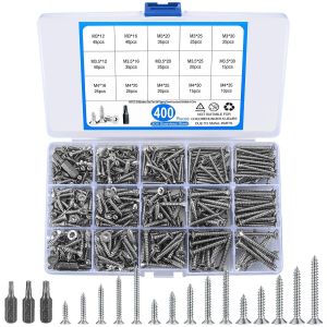 CHECARZHN--NO1-400 Pièces Assortiment De Vis Autotaraudeuses, Vis À Tête Plate, Vis Autoperceuses À Tête Torx En Acier Inoxydable, Vis À Bois Avec Foret Hexagonal - M3/M3.5/M4 - Neuf