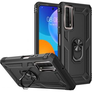 Kal-Coque Pour Huawei P Smart 2021/Y7a + 9h Verre Trempé, Étui Protection Tpu/Pc Souple Durable Avec Support De 360° Rotation Anneau Protection Antichoc Armor Box Coque, Noir - Neuf