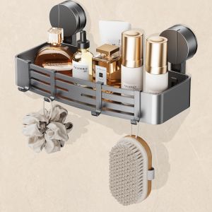Étagère de Douche Robuste avec Ventouse Sous Vide|4 Crochets,32 cm de Longueur,Capacité de Charge 10 kg,Installation en 1 Minute|Porte-Shampooing Amovible et Anti-Rouille pour Douche - Neuf