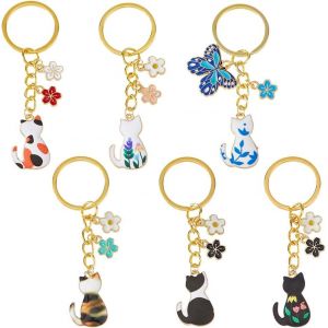 KAL-Lot De 6 Porte-Clés Chats À Fleurs En Émail Mignon Porte-Clés 57,5 Mm Petit Chaton Drôle Porte-Clés Pour Femmes Cadeaux Porte-Monnaie Sac À Main Accessoires - Neuf