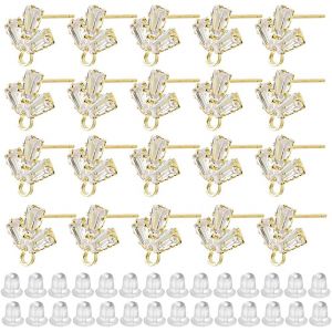 Kal-20pcs Boucles D'oreilles En Forme De Feuille En Zircone Cubique Doré Boucle D'oreille De Fleur En Laiton Clous D'oreilles En Strass Avec Des Bouchons D'oreille Pour La Fabrication De Bijoux - Neuf