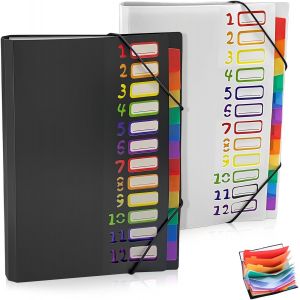 Lot De 2 Pochette A4 Avec 12 Compartiments, En Pp &Eacute;tanche, Avec &Eacute;lastique De Fermeture, Id&eacute;ale Pour L'&eacute;cole, Le Bureau Et La Maison (Noir Et Blanc) - Neuf