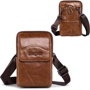 CAUC-Hengwin Sac de Ceinture en Cuir v&eacute;ritable Sacs &agrave; bandouli&egrave;re &Eacute;tui de Support de t&eacute;l&eacute;phone Portable pour iPhone 16 15 14 13 12 11 Pro Max Samsung S25 S24 S3 Ultra S25+ Sac de Ceinture (Brun) - Neuf